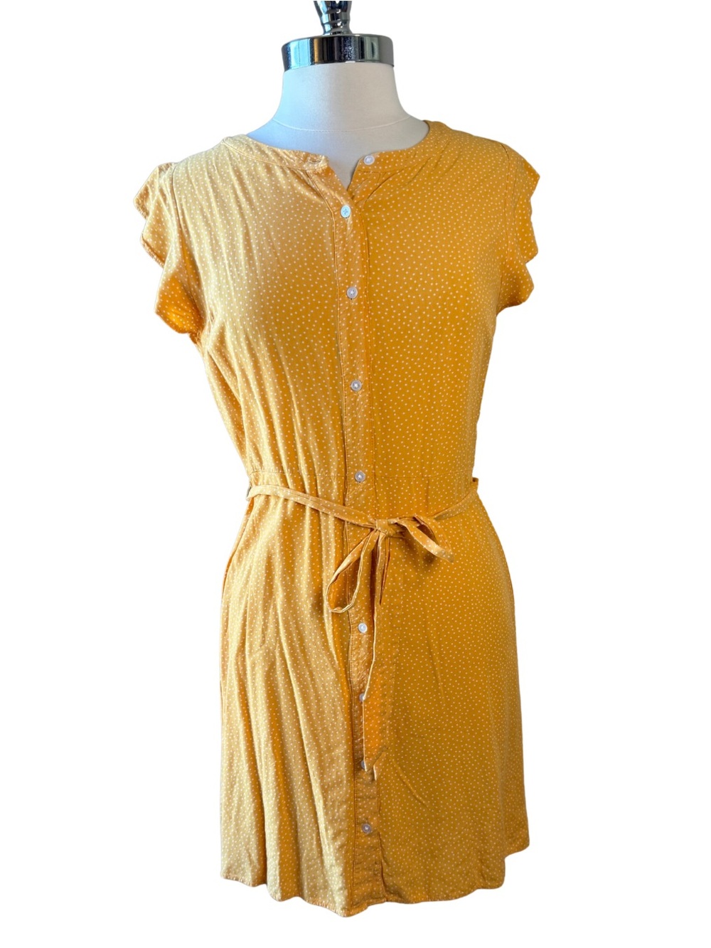LOFT Dress Polka Dot Button-Front Tie-Waist Size Large Petite Mustard Yellow